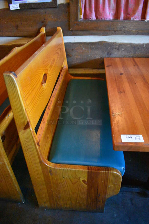 ALL ONE MONEY! Lot of Wooden Table on 2 Black Metal Straight Leg Table Bases and 2 Wooden Natural Edge Benches w/ Green Cushion. 53x30x30, 48x22x42, 52x22x42 - Image 3 of 5