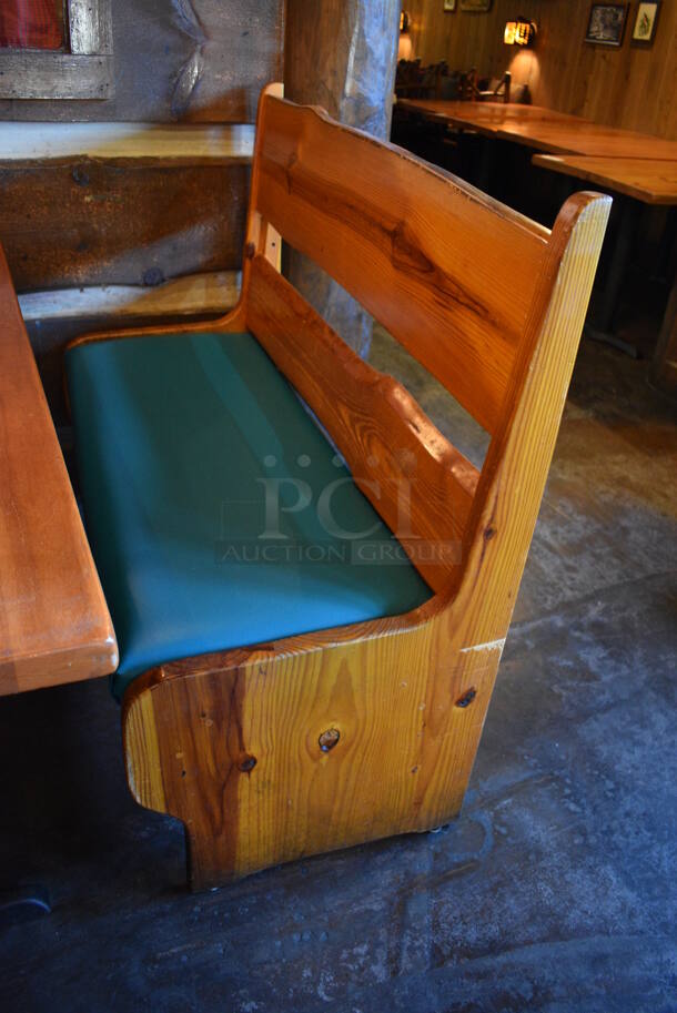 ALL ONE MONEY! Lot of Wooden Table on 2 Black Metal Straight Leg Table Bases and 2 Wooden Natural Edge Benches w/ Green Cushion. 53x30x30, 48x22x42, 52x22x42 - Image 4 of 5