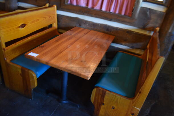 ALL ONE MONEY! Lot of Wooden Table on 2 Black Metal Straight Leg Table Bases and 2 Wooden Natural Edge Benches w/ Green Cushion. 53x30x30, 48x22x42, 52x22x42 - Image 5 of 5