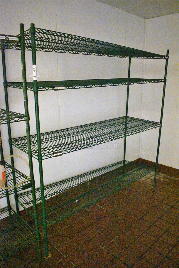 Green Finish 4 Tier Metro Style Shelving Unit. BUYER MUST DISMANTLE. PCI CANNOT DISMANTLE FOR SHIPPING. PLEASE CONSIDER FREIGHT CHARGES. 72x24x74