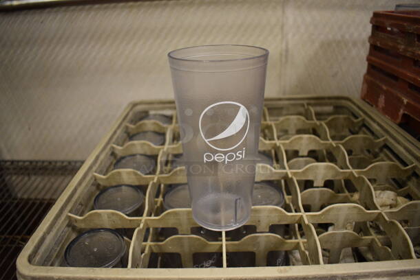 ALL ONE MONEY! Lot of 61 Clear Poly Beverage Tumblers in 3 Caddies! 3.5x3.5x7