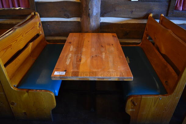 ALL ONE MONEY! Lot of Wooden Table on 2 Black Metal Straight Leg Table Bases and 2 Wooden Natural Edge Benches w/ Green Cushion. 53x30x30, 48x22x42, 52x22x42