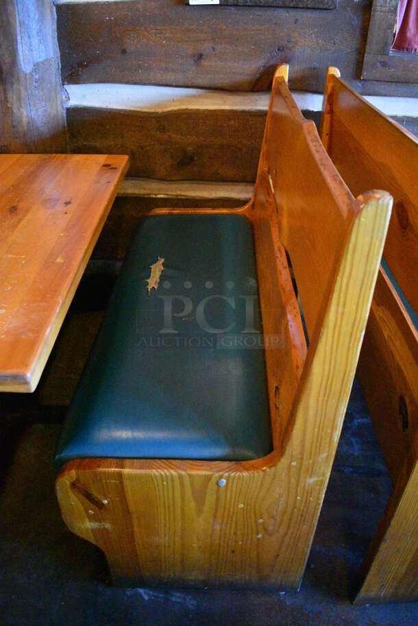 ALL ONE MONEY! Lot of Wooden Table on 2 Black Metal Straight Leg Table Bases and 2 Wooden Natural Edge Benches w/ Green Cushion. 53x30x30, 48x22x42, 52x22x42 - Image 2 of 4