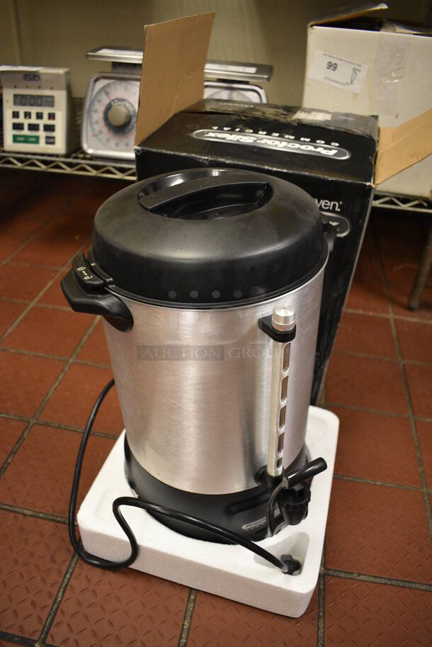 IN ORIGINAL BOX! Proctor Silex Chrome Finish Coffee Urn. 11x11x18 - Image 2 of 5