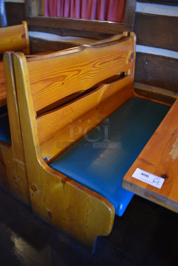 ALL ONE MONEY! Lot of Wooden Table on 2 Black Metal Straight Leg Table Bases and 2 Wooden Natural Edge Benches w/ Green Cushion. 53x30x30, 48x22x42, 52x22x42 - Image 3 of 4