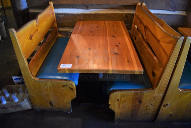 ALL ONE MONEY! Lot of Wooden Table on 2 Black Metal Straight Leg Table Bases and 2 Wooden Natural Edge Benches w/ Green Cushion. 53x30x30, 48x22x42, 52x22x42 - Image 1 of 4