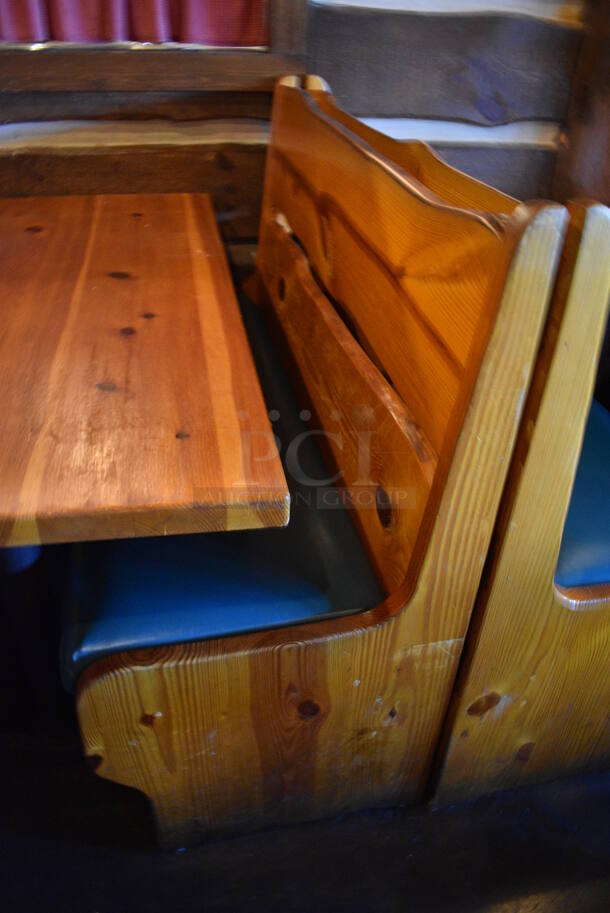 ALL ONE MONEY! Lot of Wooden Table on 2 Black Metal Straight Leg Table Bases and 2 Wooden Natural Edge Benches w/ Green Cushion. 53x30x30, 48x22x42, 52x22x42 - Image 3 of 4