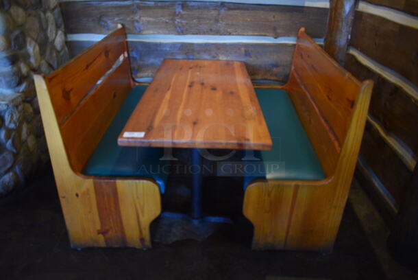 ALL ONE MONEY! Lot of Wooden Table on 2 Black Metal Straight Leg Table Bases and 2 Wooden Natural Edge Benches w/ Green Cushion. 66x30x30, 66x22x42