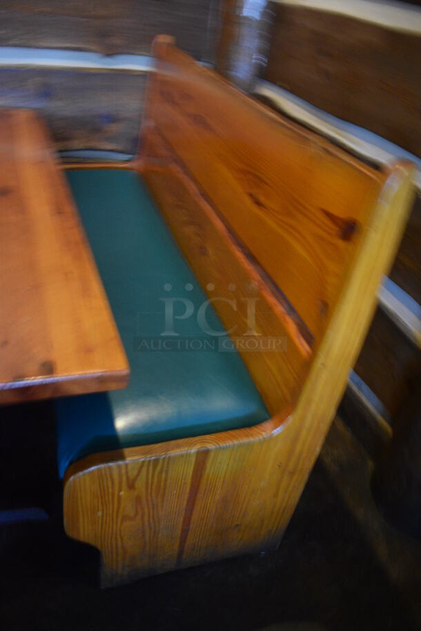 ALL ONE MONEY! Lot of Wooden Table on 2 Black Metal Straight Leg Table Bases and 2 Wooden Natural Edge Benches w/ Green Cushion. 66x30x30, 66x22x42 - Image 3 of 4