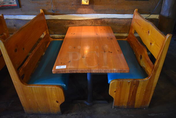 ALL ONE MONEY! Lot of Wooden Table on 2 Black Metal Straight Leg Table Bases and 2 Wooden Natural Edge Benches w/ Green Cushion. 53x30x30, 48x22x42, 52x22x42