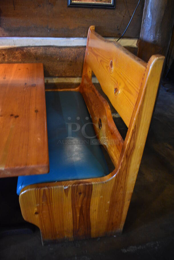 ALL ONE MONEY! Lot of Wooden Table on 2 Black Metal Straight Leg Table Bases and 2 Wooden Natural Edge Benches w/ Green Cushion. 53x30x30, 48x22x42, 52x22x42 - Image 2 of 5