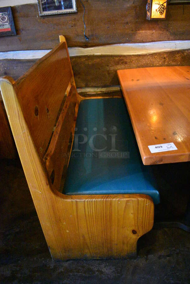 ALL ONE MONEY! Lot of Wooden Table on 2 Black Metal Straight Leg Table Bases and 2 Wooden Natural Edge Benches w/ Green Cushion. 53x30x30, 48x22x42, 52x22x42 - Image 3 of 5