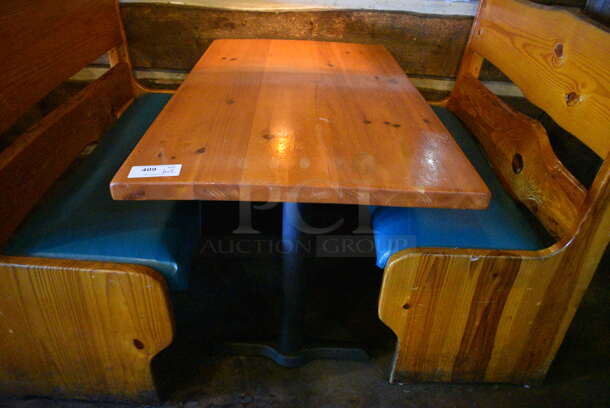 ALL ONE MONEY! Lot of Wooden Table on 2 Black Metal Straight Leg Table Bases and 2 Wooden Natural Edge Benches w/ Green Cushion. 53x30x30, 48x22x42, 52x22x42 - Image 4 of 5