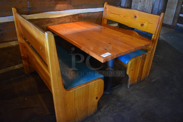 ALL ONE MONEY! Lot of Wooden Table on 2 Black Metal Straight Leg Table Bases and 2 Wooden Natural Edge Benches w/ Green Cushion. 53x30x30, 48x22x42, 52x22x42 - Image 5 of 5