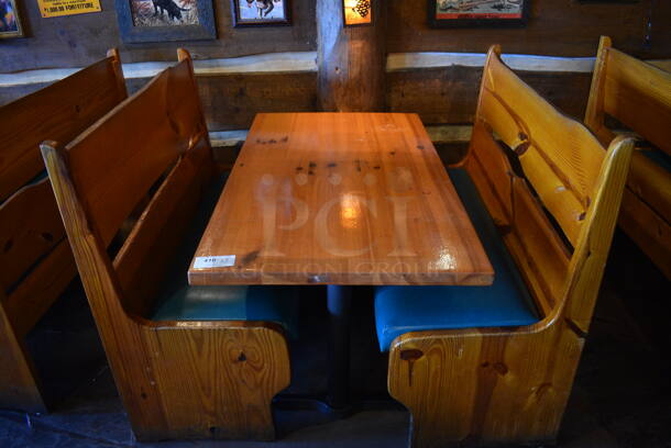 ALL ONE MONEY! Lot of Wooden Table on 2 Black Metal Straight Leg Table Bases and 2 Wooden Natural Edge Benches w/ Green Cushion. 53x30x30, 48x22x42