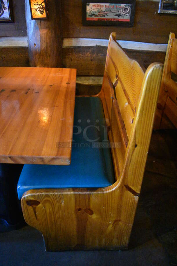 ALL ONE MONEY! Lot of Wooden Table on 2 Black Metal Straight Leg Table Bases and 2 Wooden Natural Edge Benches w/ Green Cushion. 53x30x30, 48x22x42 - Image 2 of 5