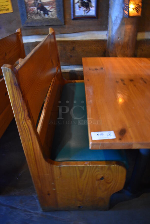 ALL ONE MONEY! Lot of Wooden Table on 2 Black Metal Straight Leg Table Bases and 2 Wooden Natural Edge Benches w/ Green Cushion. 53x30x30, 48x22x42 - Image 3 of 5