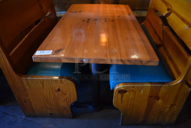 ALL ONE MONEY! Lot of Wooden Table on 2 Black Metal Straight Leg Table Bases and 2 Wooden Natural Edge Benches w/ Green Cushion. 53x30x30, 48x22x42 - Image 4 of 5