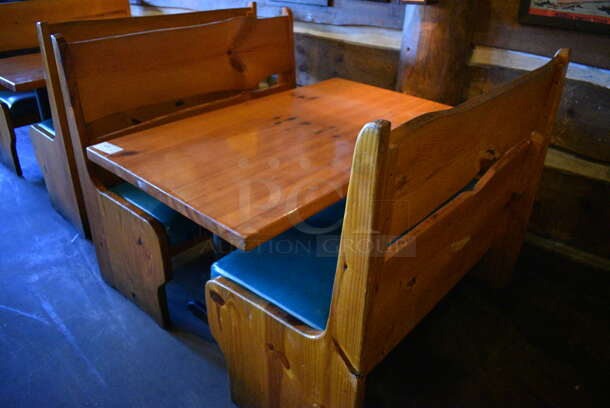 ALL ONE MONEY! Lot of Wooden Table on 2 Black Metal Straight Leg Table Bases and 2 Wooden Natural Edge Benches w/ Green Cushion. 53x30x30, 48x22x42 - Image 5 of 5