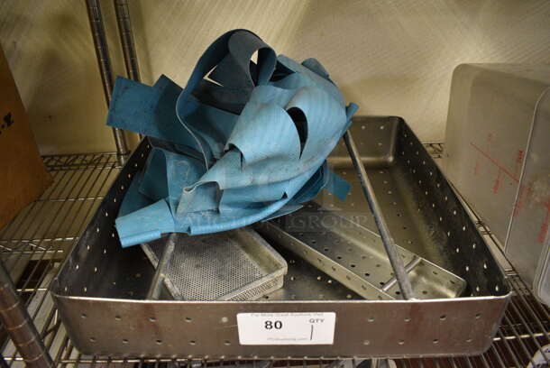 Stainless Steel Straining Bin for Sink and Conveyor Dishwasher Blue Strips. 19.5x19.5x4.5