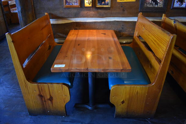 ALL ONE MONEY! Lot of Wooden Table on 2 Black Metal Straight Leg Table Bases and 2 Wooden Natural Edge Benches w/ Green Cushion. 53x30x30, 48x22x42