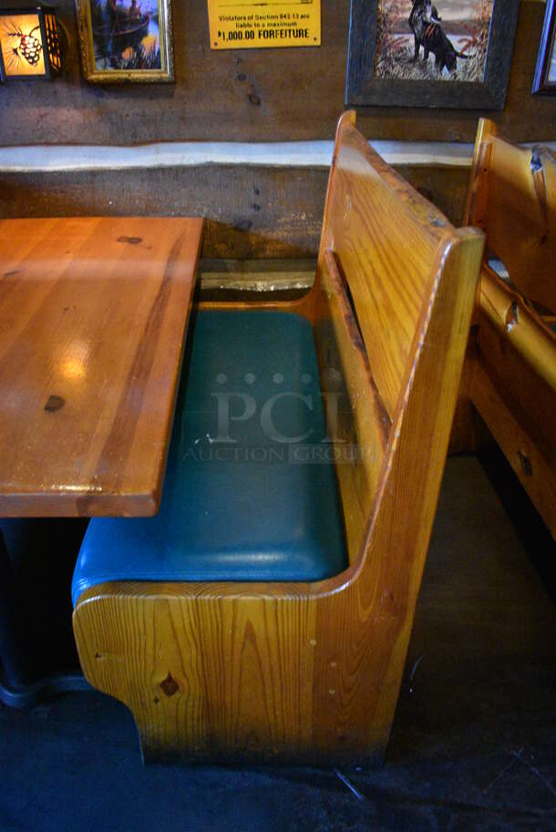 ALL ONE MONEY! Lot of Wooden Table on 2 Black Metal Straight Leg Table Bases and 2 Wooden Natural Edge Benches w/ Green Cushion. 53x30x30, 48x22x42 - Image 2 of 4