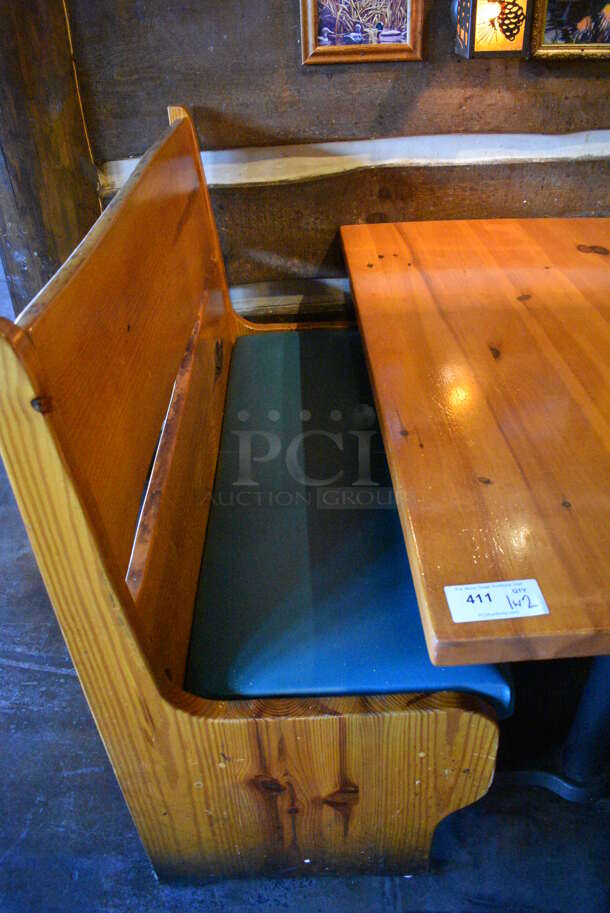 ALL ONE MONEY! Lot of Wooden Table on 2 Black Metal Straight Leg Table Bases and 2 Wooden Natural Edge Benches w/ Green Cushion. 53x30x30, 48x22x42 - Image 3 of 4