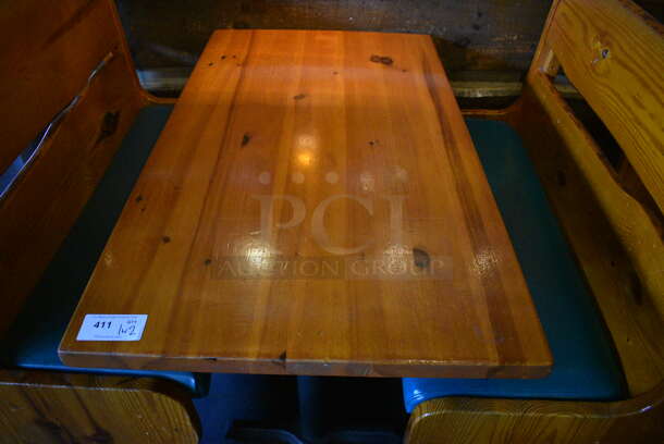 ALL ONE MONEY! Lot of Wooden Table on 2 Black Metal Straight Leg Table Bases and 2 Wooden Natural Edge Benches w/ Green Cushion. 53x30x30, 48x22x42 - Image 4 of 4