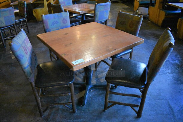 ALL ONE MONEY! Lot of Wooden Table on Black Metal Table Base and 4 Natural Edge Dining Chairs. 36x36x30, 20x17x36 - Image 1 of 3