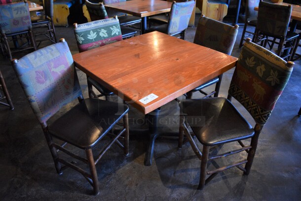 ALL ONE MONEY! Lot of Wooden Table on Black Metal Table Base and 4 Natural Edge Dining Chairs. 36x36x30, 20x17x36