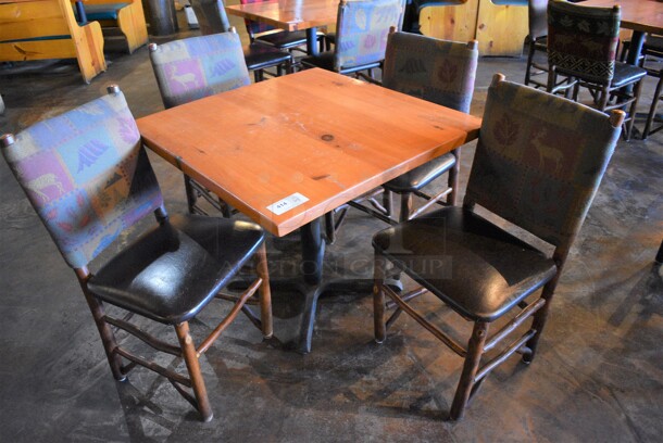 ALL ONE MONEY! Lot of Wooden Table on Black Metal Table Base and 4 Natural Edge Dining Chairs. 36x36x30, 20x17x36 - Image 1 of 5