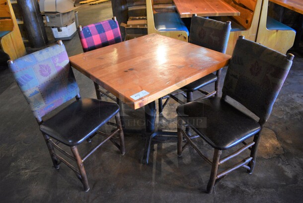 ALL ONE MONEY! Lot of Wooden Table on Black Metal Table Base and 4 Natural Edge Dining Chairs. 36x36x30, 20x17x36 - Image 1 of 4