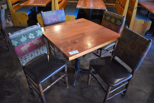ALL ONE MONEY! Lot of Wooden Table on Black Metal Table Base and 4 Natural Edge Dining Chairs. 36x36x30, 20x17x36 - Image 1 of 3