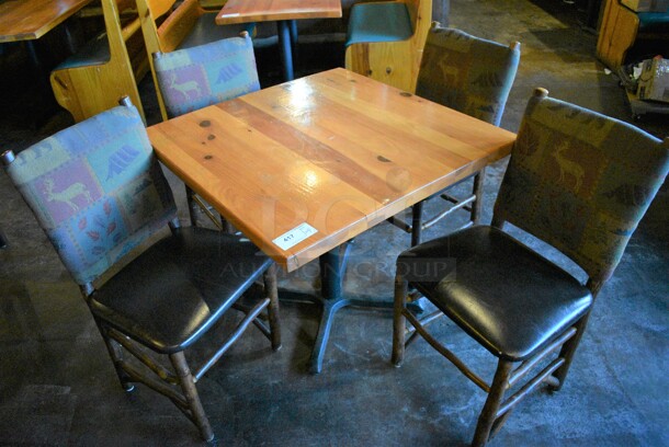 ALL ONE MONEY! Lot of Wooden Table on Black Metal Table Base and 4 Natural Edge Dining Chairs. 36x36x30, 20x17x36