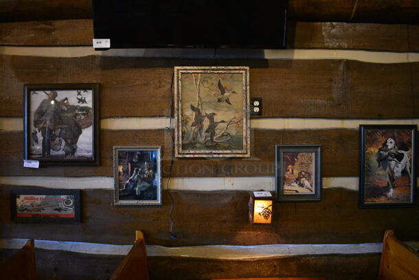 ALL ONE MONEY! Lot of Wall Decorations Including 6 Pictures; Bird Hunters, Hand Trap, Man with Dog, Birds, Dog with Bird and Family In Front of Fireplace. BUYER MUST REMOVE - Image 1 of 4