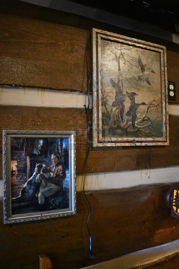 ALL ONE MONEY! Lot of Wall Decorations Including 6 Pictures; Bird Hunters, Hand Trap, Man with Dog, Birds, Dog with Bird and Family In Front of Fireplace. BUYER MUST REMOVE - Image 3 of 4