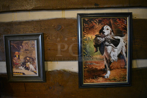 ALL ONE MONEY! Lot of Wall Decorations Including 6 Pictures; Bird Hunters, Hand Trap, Man with Dog, Birds, Dog with Bird and Family In Front of Fireplace. BUYER MUST REMOVE - Image 4 of 4