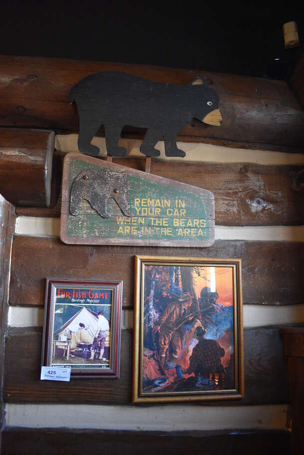 ALL ONE MONEY! Lot of Various Wall Decorations Including 2 Bear Signs, Hunter and Fur Fish Game Picture. BUYER MUST REMOVE