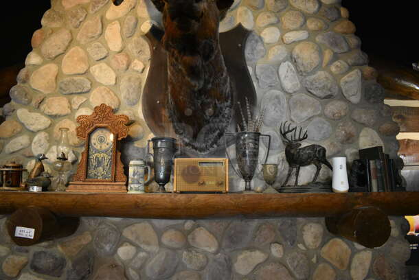 ALL ONE MONEY! Lot of Wooden Shelf w/ Various Knickknacks! BUYER MUST REMOVE. 105x17x12 - Image 1 of 5