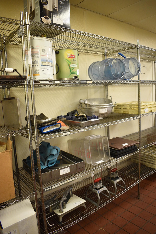Chrome Finish 5 Tier Metro Style Shelving Unit. Does Not Come w/ Contents. BUYER MUST DISMANTLE. PCI CANNOT DISMANTLE FOR SHIPPING. PLEASE CONSIDER FREIGHT CHARGES. 60x24x86 - Image 1 of 2