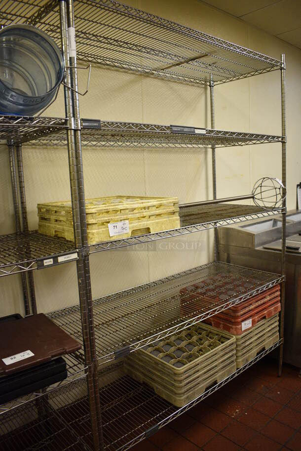 Chrome Finish 5 Tier Metro Style Shelving Unit. Does Not Come w/ Contents. BUYER MUST DISMANTLE. PCI CANNOT DISMANTLE FOR SHIPPING. PLEASE CONSIDER FREIGHT CHARGES. 60x24x86 - Image 1 of 3