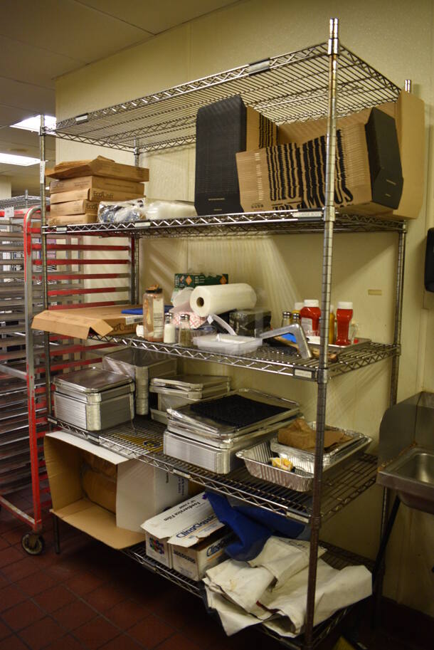 Chrome Finish 5 Tier Metro Style Shelving Unit w/ ENTIRE CONTENTS Including Paper Products! BUYER MUST DISMANTLE. PCI CANNOT DISMANTLE FOR SHIPPING. PLEASE CONSIDER FREIGHT CHARGES. 60x24x86 - Image 1 of 5