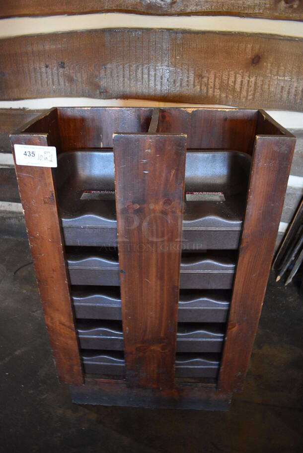 10 Brown Poly Booster Seats in Wooden Holder. 26.5x13.5x41.5, 11x10x8. 10 Times Your Bid!
