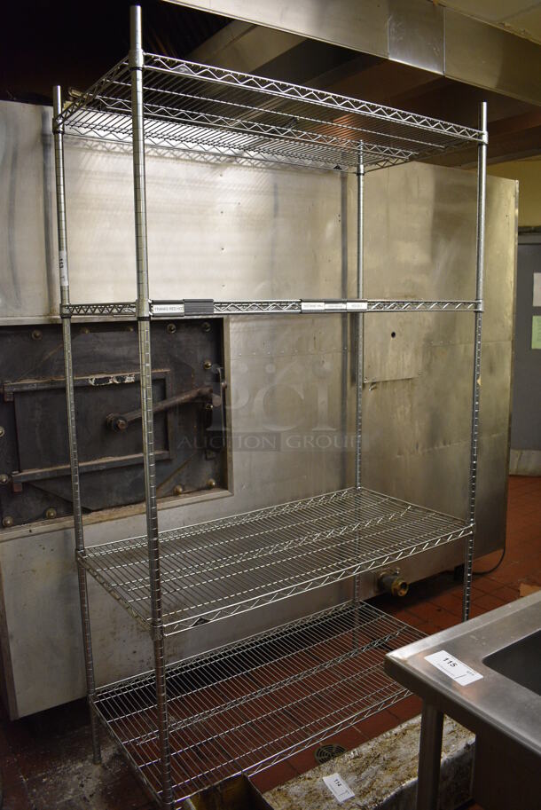 Chrome Finish 4 Tier Shelving Unit. BUYER MUST DISMANTLE. PCI CANNOT DISMANTLE FOR SHIPPING. PLEASE CONSIDER FREIGHT CHARGES. 48x24x86  - Image 1 of 3