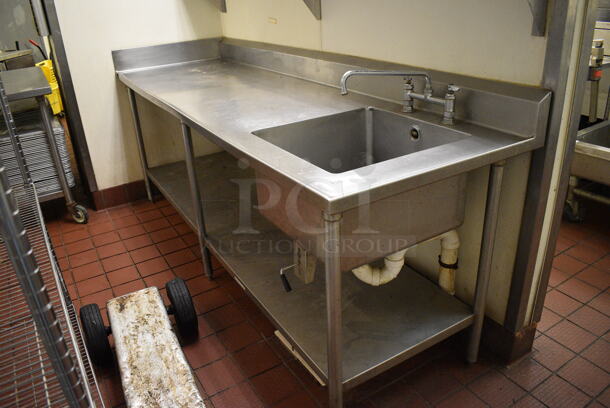 Stainless Steel Commercial Table w/ Sink Basin, Faucet, Handles and Undershelf. BUYER MUST REMOVE. 96x30x41. Bay 20x20x12