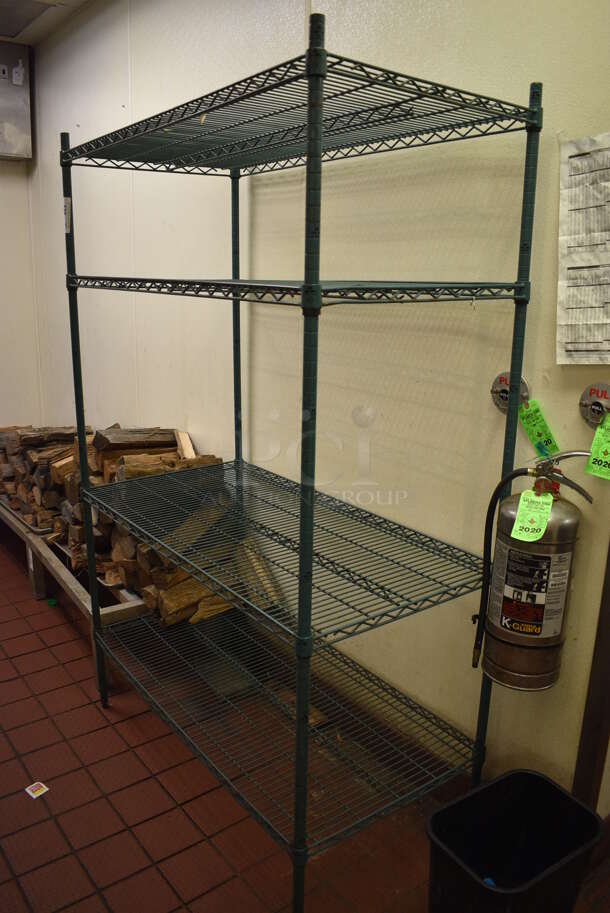 Green Finish 4 Tier Metro Style Shelving Unit. BUYER MUST DISMANTLE. PCI CANNOT DISMANTLE FOR SHIPPING. PLEASE CONSIDER FREIGHT CHARGES. 48x24x75