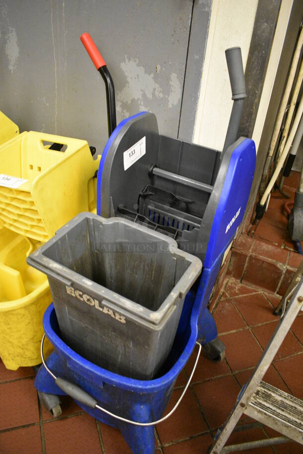 Ecolab Blue and Gray Poly Mop Bucket w/ Wringing Attachment on Commercial Casters. 15x21x39 - Image 2 of 3