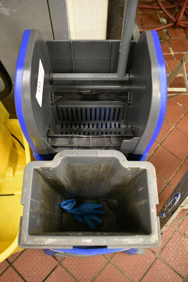 Ecolab Blue and Gray Poly Mop Bucket w/ Wringing Attachment on Commercial Casters. 15x21x39 - Image 3 of 3