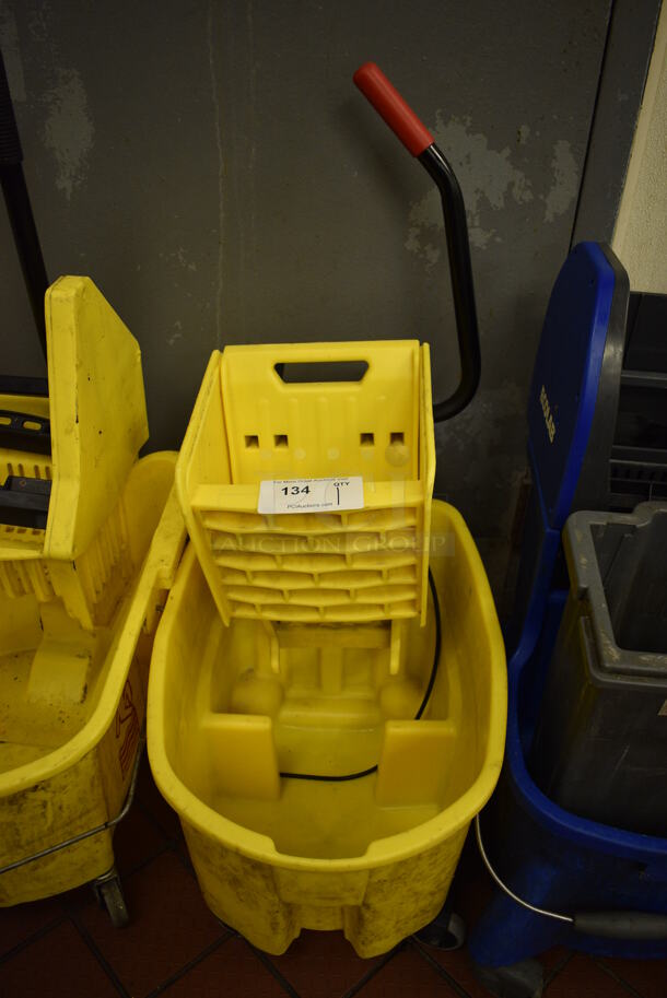 Yellow Poly Mop Bucket w/ Wringing Attachment on Commercial Casters. 15x21x37