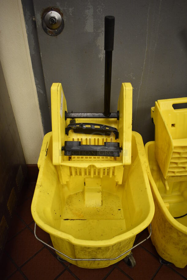 Yellow Poly Mop Bucket w/ Wringing Attachment on Commercial Casters. 18x23x38